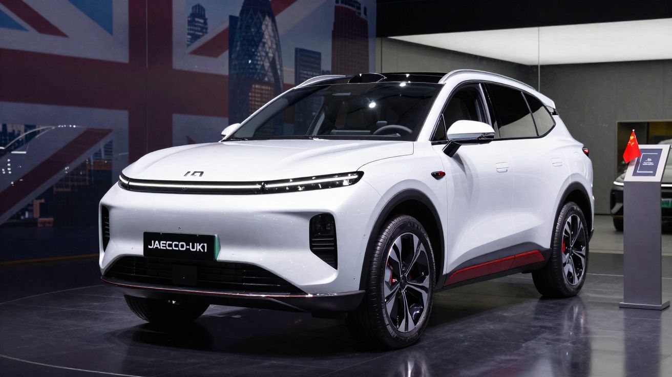 SUV elétrico branco JAECCO-UK1 exibido em evento, com design moderno e linhas aerodinâmicas.