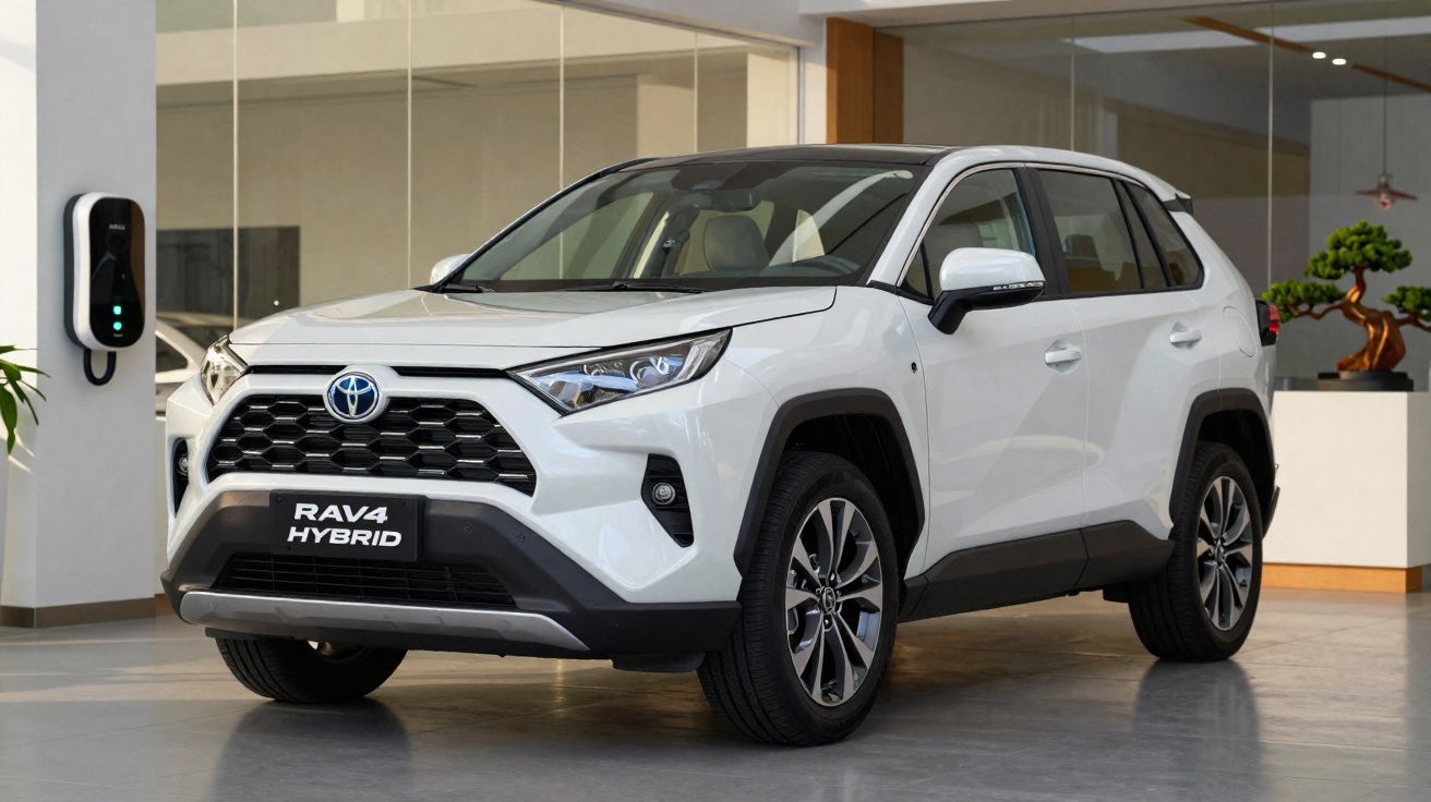 SUV branco Toyota RAV4 Hybrid estacionado em ambiente interno ao lado de carregador elétrico.