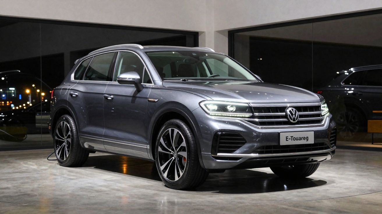 Carro SUV Volkswagen E-Touareg cinza estacionado em ambiente interno com vidro ao fundo à noite.