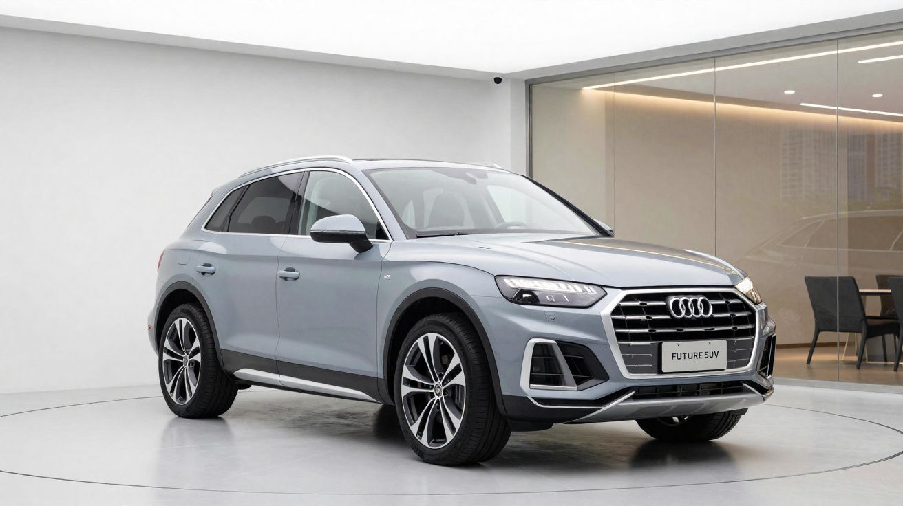 Carro Audi SUV cinza em exposição em ambiente interno com parede branca e vidro ao fundo.