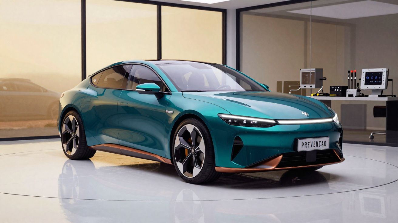 Carro elétrico verde metálico em showroom moderno, com placa escrita "PREVENCAO".