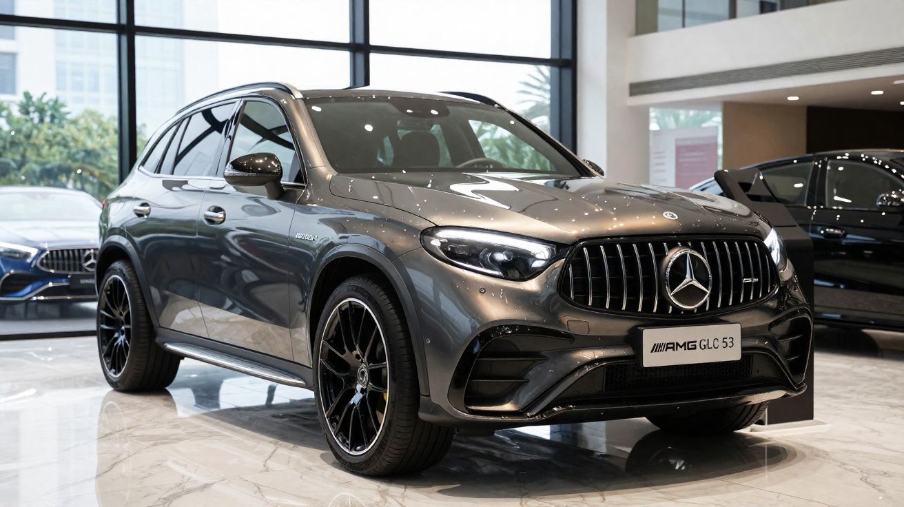 SUV Mercedes-AMG GLC 53 cinza metálico em showroom com acabamento brilhante e rodas pretas.