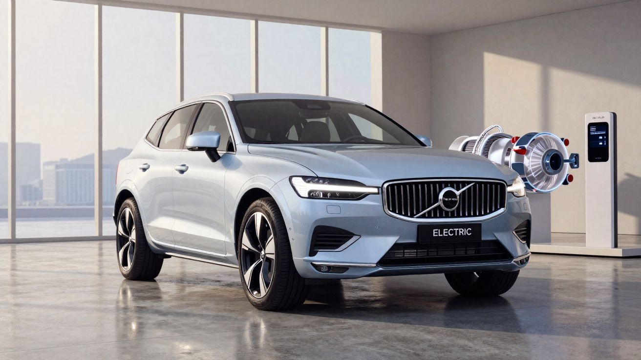 Carro elétrico Volvo prata estacionado em ambiente interno moderno ao lado de estação de recarga.