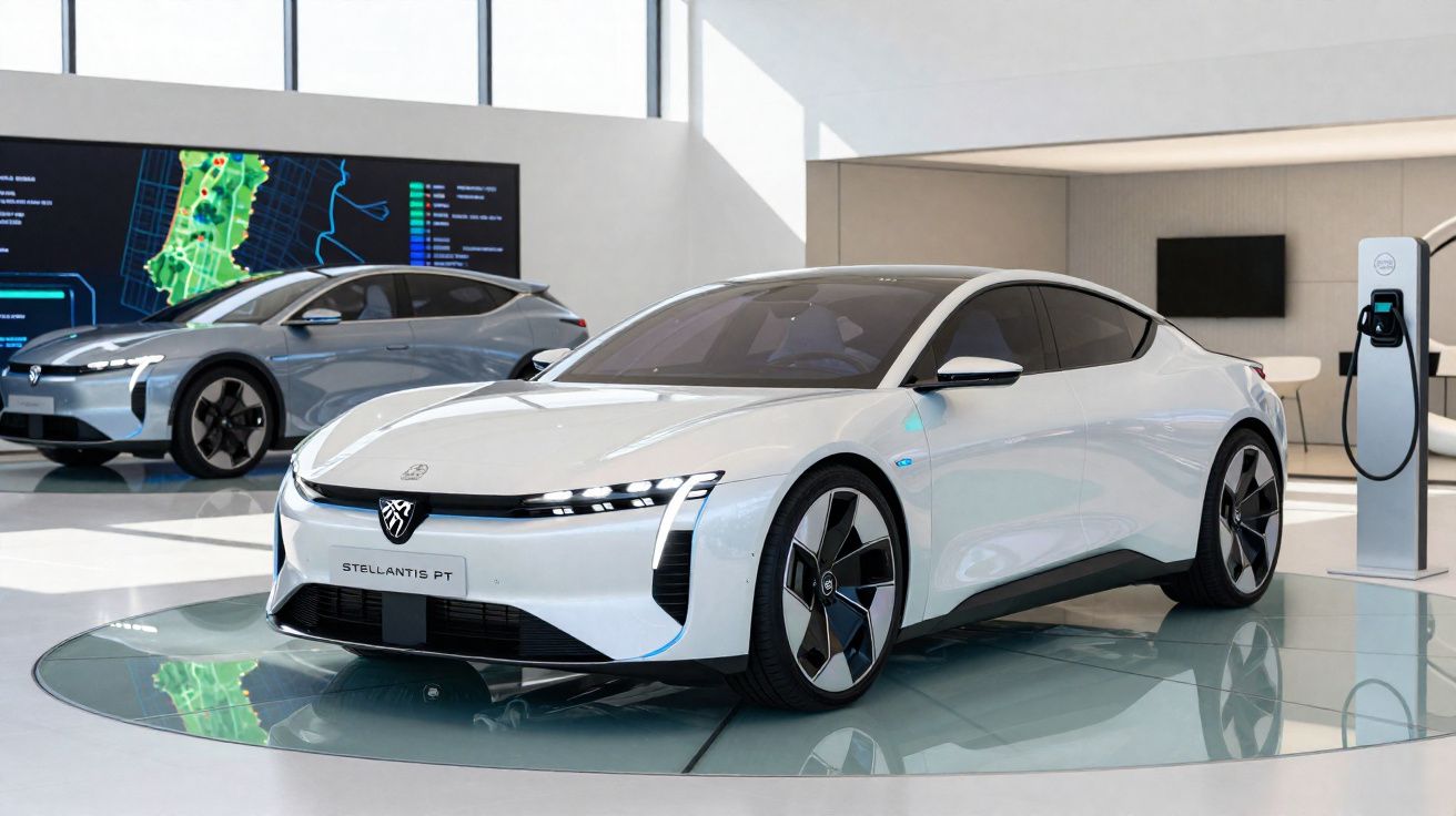 Carro elétrico branco em exposição moderna com design aerodinâmico e estação de recarga ao lado.