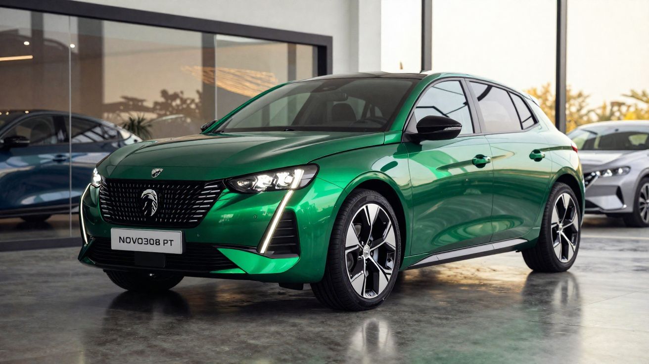 Carro hatch verde metálico Peugeot Novo 308 PT estacionado em ambiente interno moderno.