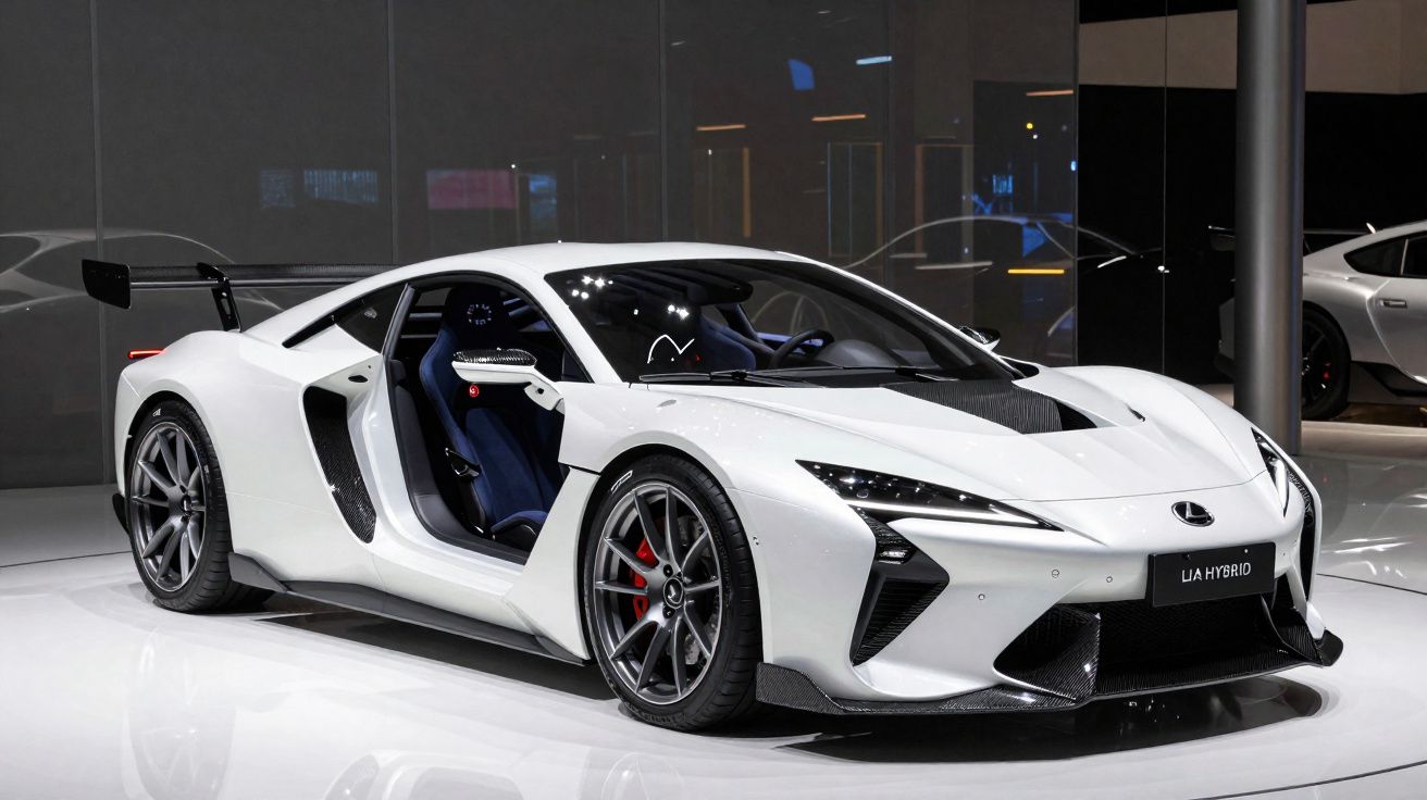 Carro esportivo branco Lexus LFA Hybrid com porta aberta em exposição interna moderna.