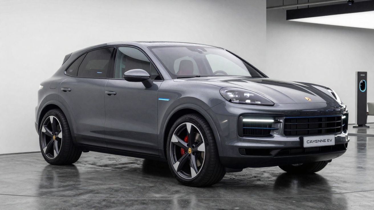 Carro elétrico Porsche Cayenne EV cinza estacionado em ambiente interno com piso cinza e parede branca.