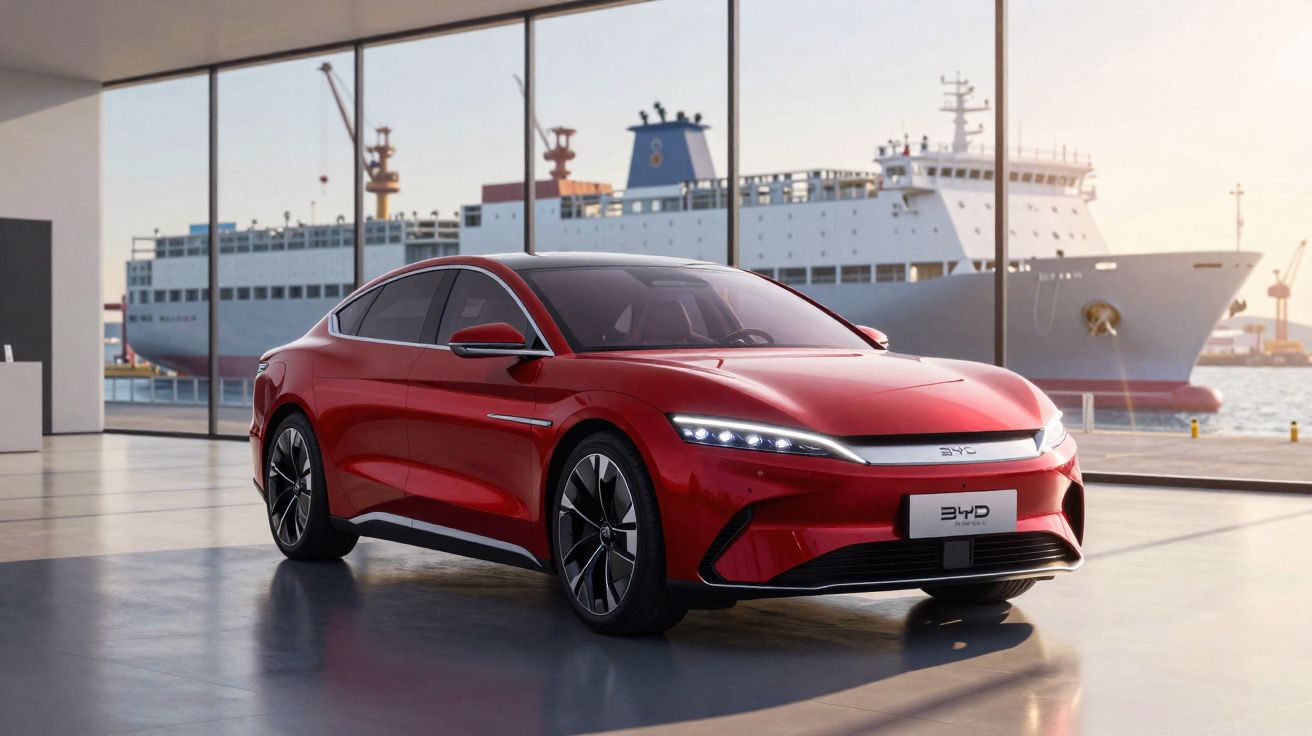 Carro elétrico vermelho BYD estacionado dentro de showroom com navio cargueiro visível pelas janelas.