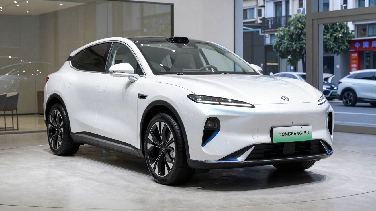 Carro branco elétrico Dongfeng EU em exposição, com design moderno e linhas aerodinâmicas.