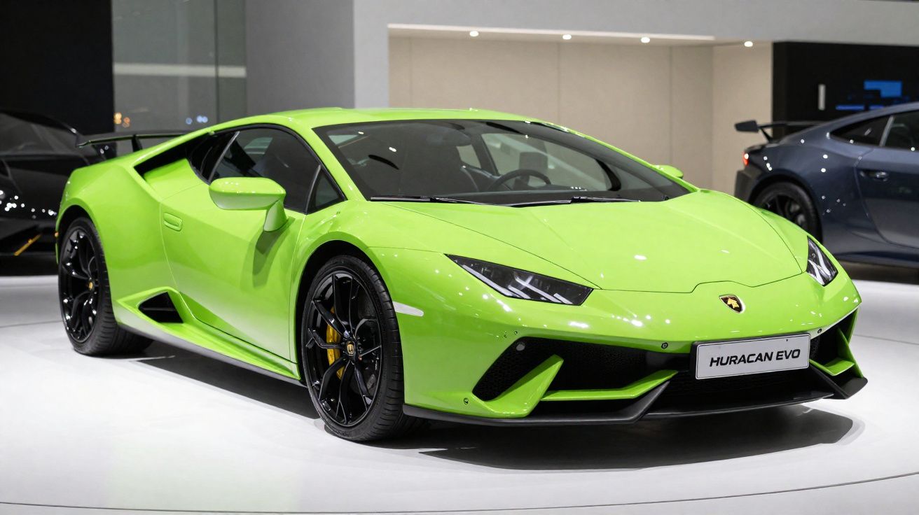 Carro esportivo Lamborghini Huracán EVO verde em exposição em ambiente interno.