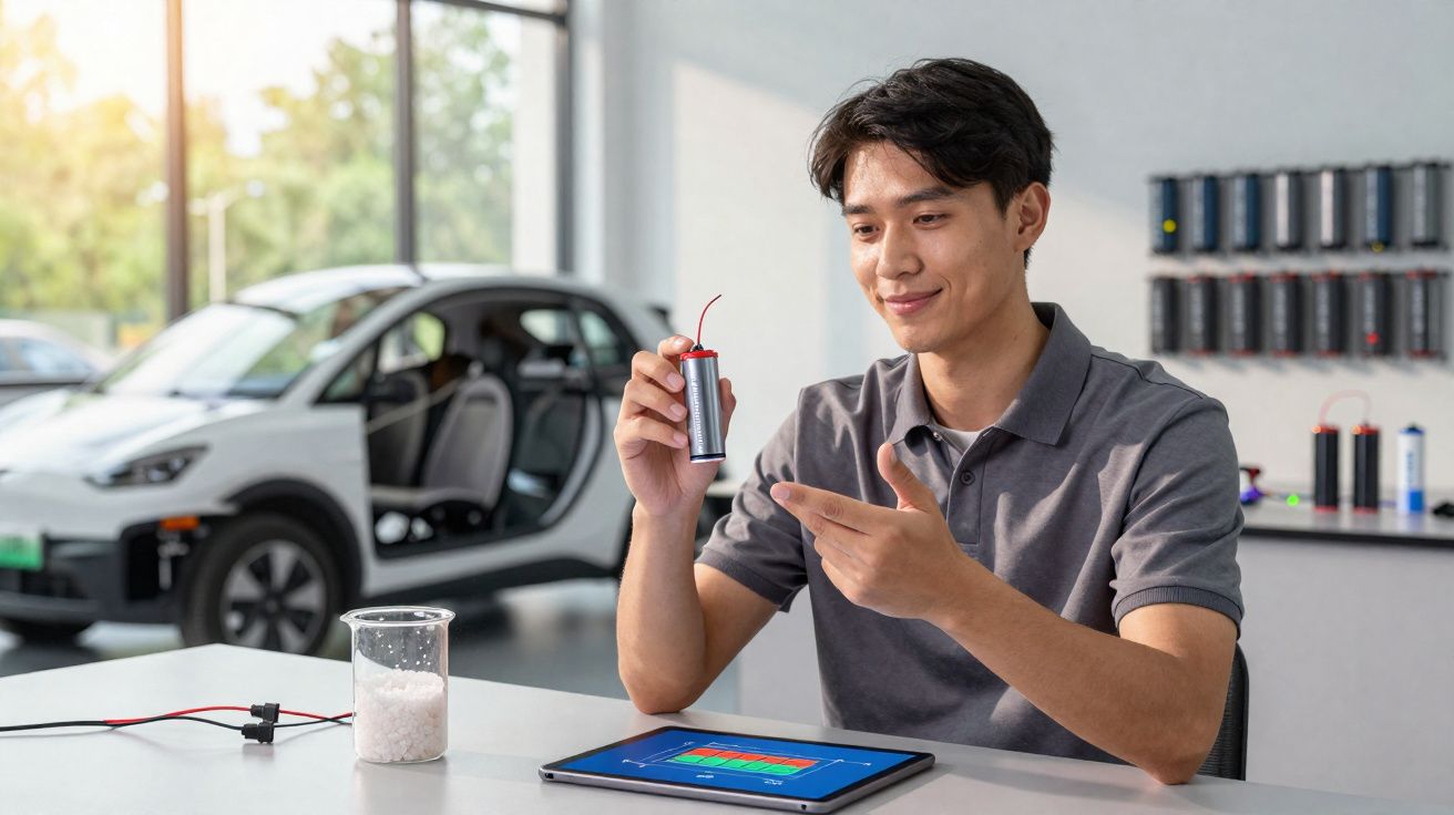 Homem segurando bateria e apontando enquanto analisa dados em tablet, com carro elétrico ao fundo.