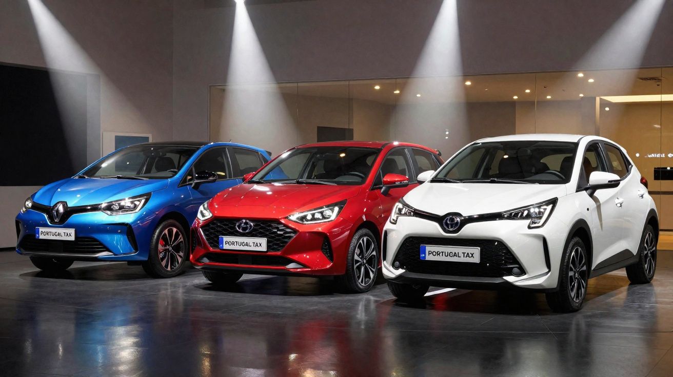 Três carros estacionados em exposição, nas cores azul, vermelho e branco, com iluminação direta no teto.