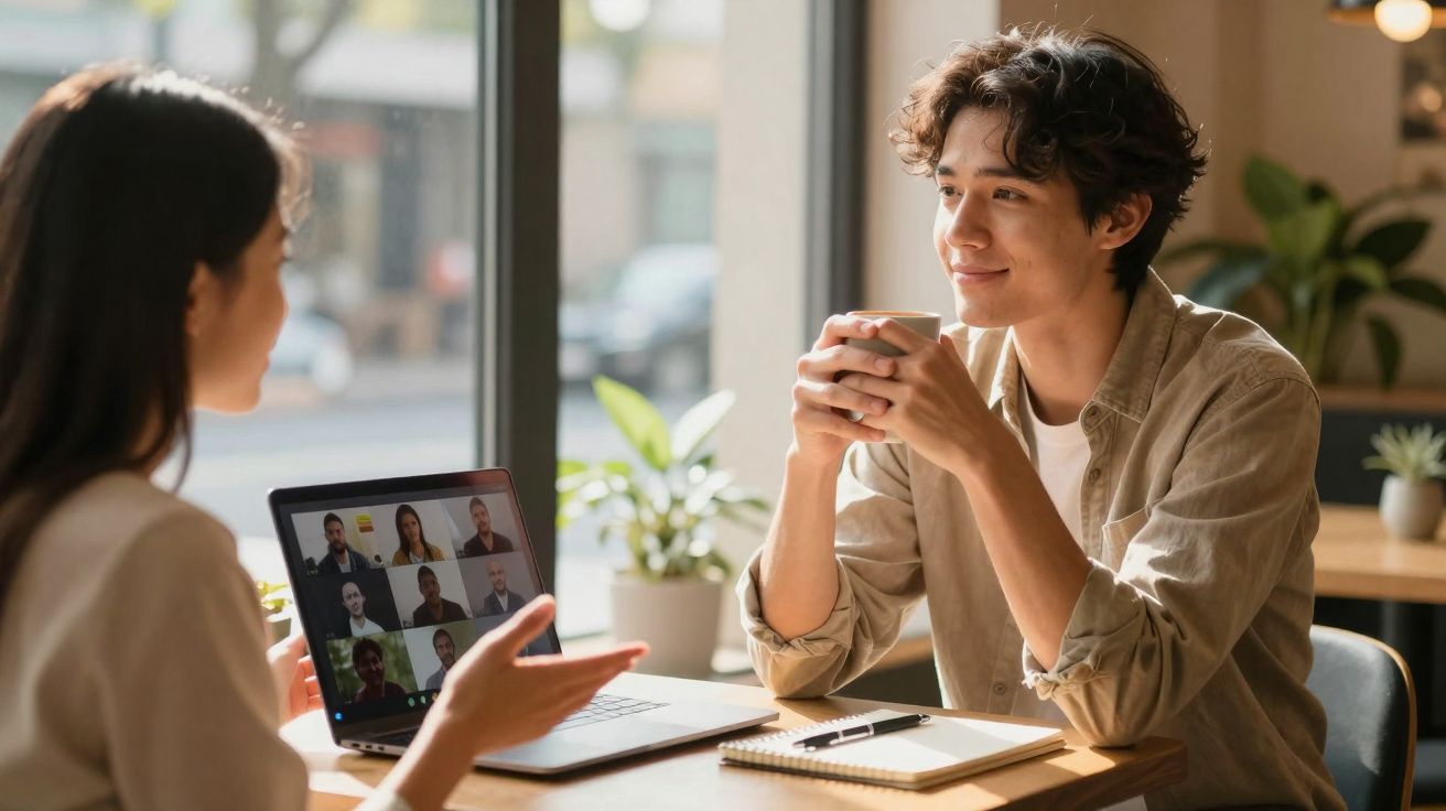 Dois jovens conversando em café, com notebook aberto mostrando reunião virtual em vídeo chamada.