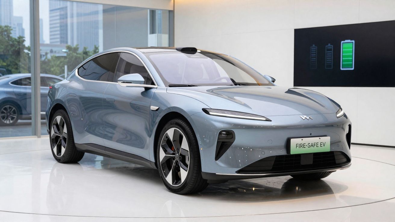 Carro elétrico cinza exposto em showroom moderno com painel de carga de bateria ao fundo.