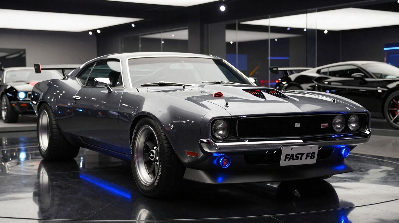 Carro esportivo clássico cinza com iluminação azul em ambiente interno espelhado, placa Fast F8.