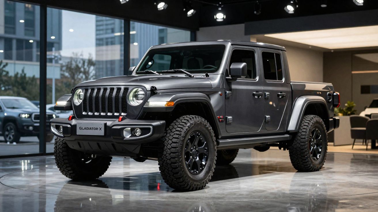 Picape Jeep Gladiator X cinza estacionada em showroom moderno com pneus off-road robustos.