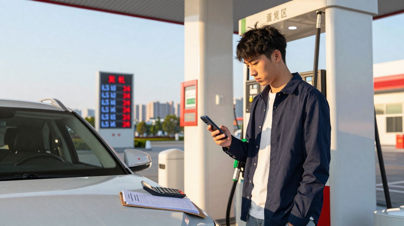 Homem usando celular ao lado de carro em posto de gasolina com lista de preços ao fundo.