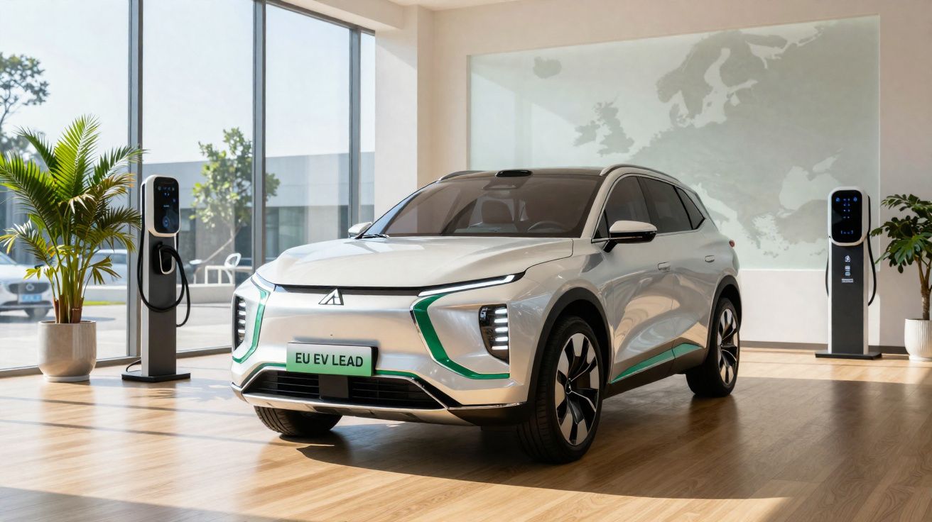 Carro elétrico branco estacionado em showroom moderno com carregadores e plantas decorativas.