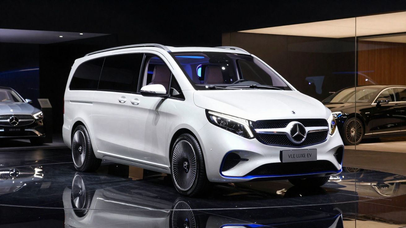 Van Mercedes-Benz branca exposta em salão com ambiente moderno e iluminação refletida no chão.