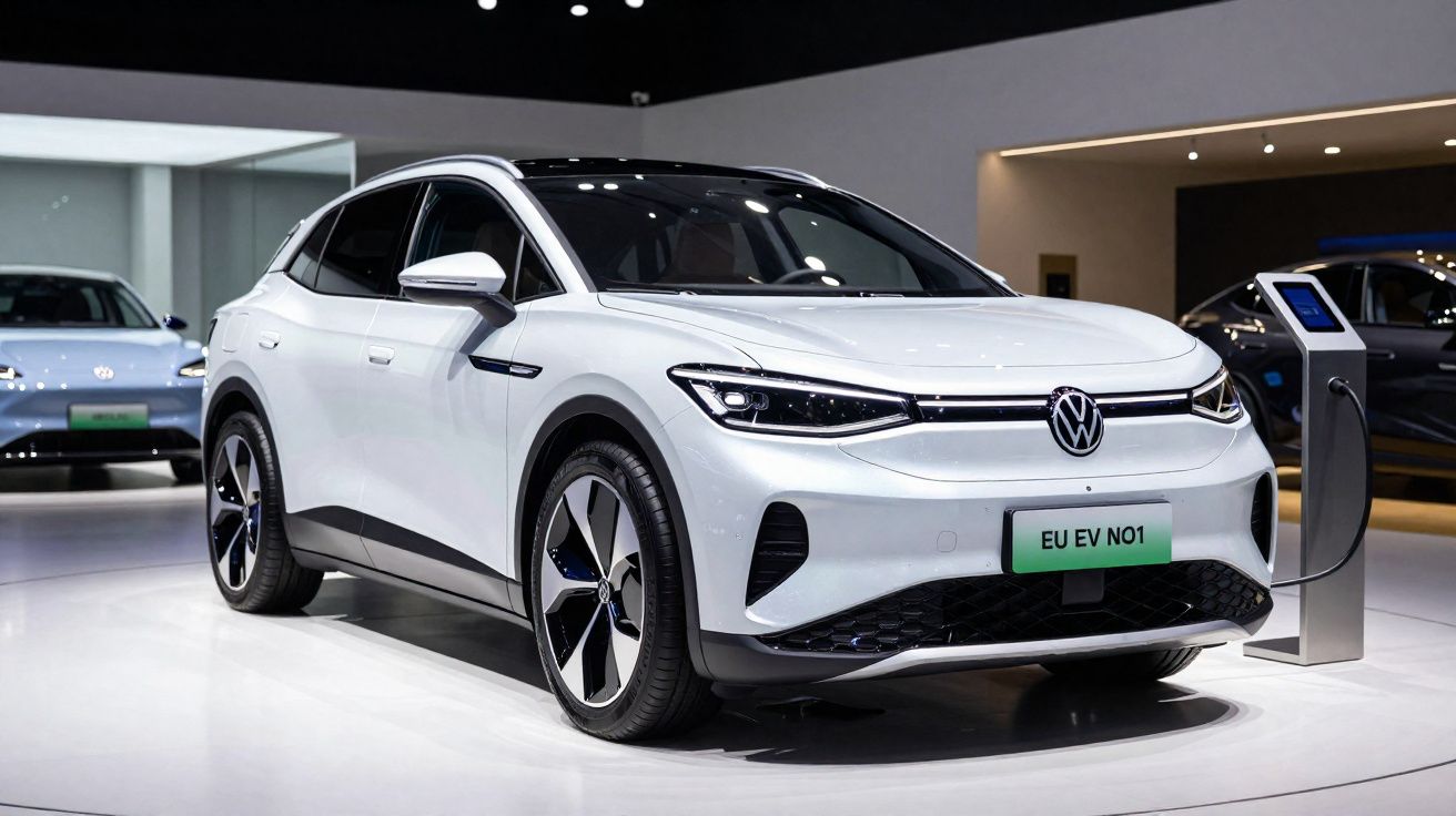 Carro elétrico branco Volkswagen SUV conectado ao carregador em exposição automotiva interior.