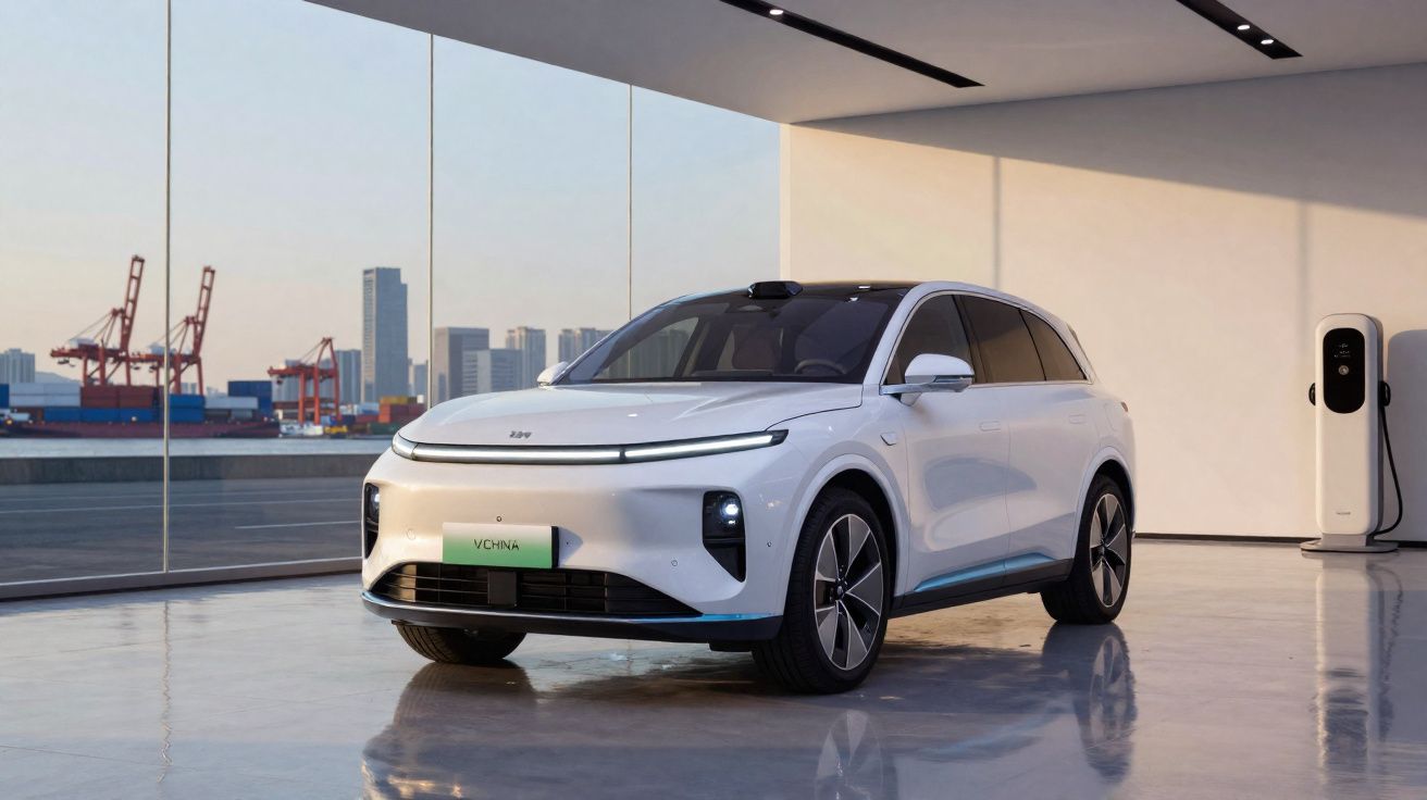 Carro elétrico branco estacionado em ambiente moderno com parede de vidro e carregador ao fundo.