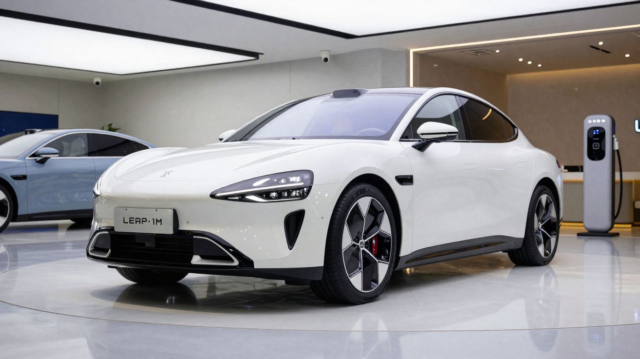 Carro elétrico branco modelo LERP-1M exposto em ambiente interno moderno com estação de carregamento.