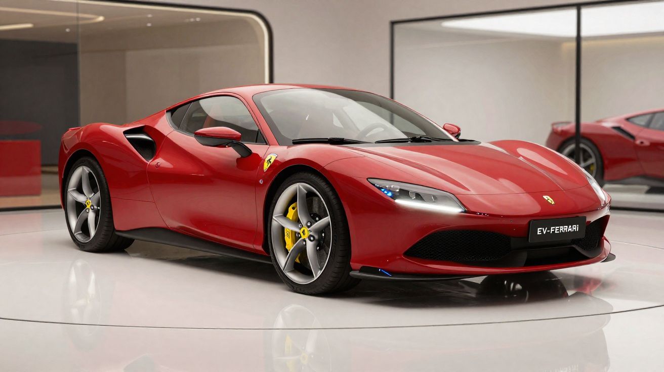 Carro esportivo elétrico vermelho Ferrari EV exposto em ambiente moderno e minimalista com espelho ao fundo.
