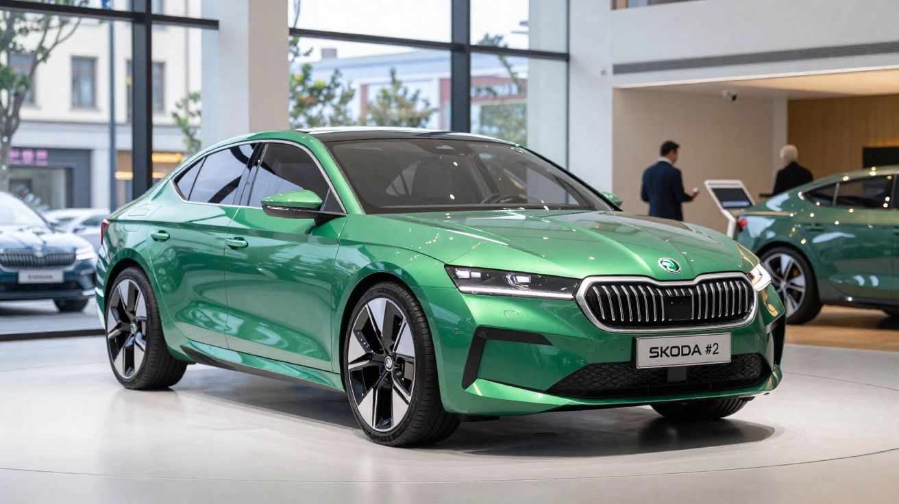 Carro verde Skoda sedan exibido em showroom moderno com janelas grandes e pessoas ao fundo.