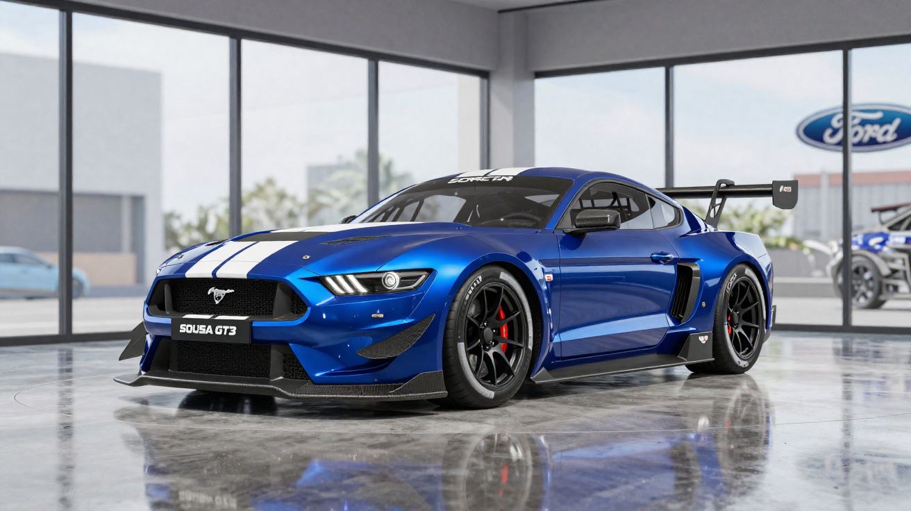 Carro esportivo azul Shelby Mustang GT3 com faixa branca, aerofólio traseiro e rodas pretas em showroom.