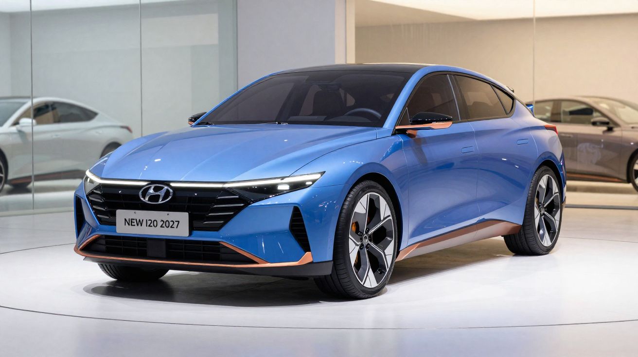 Carro Hyundai New i20 2027 azul em exposição com design moderno e linhas aerodinâmicas.