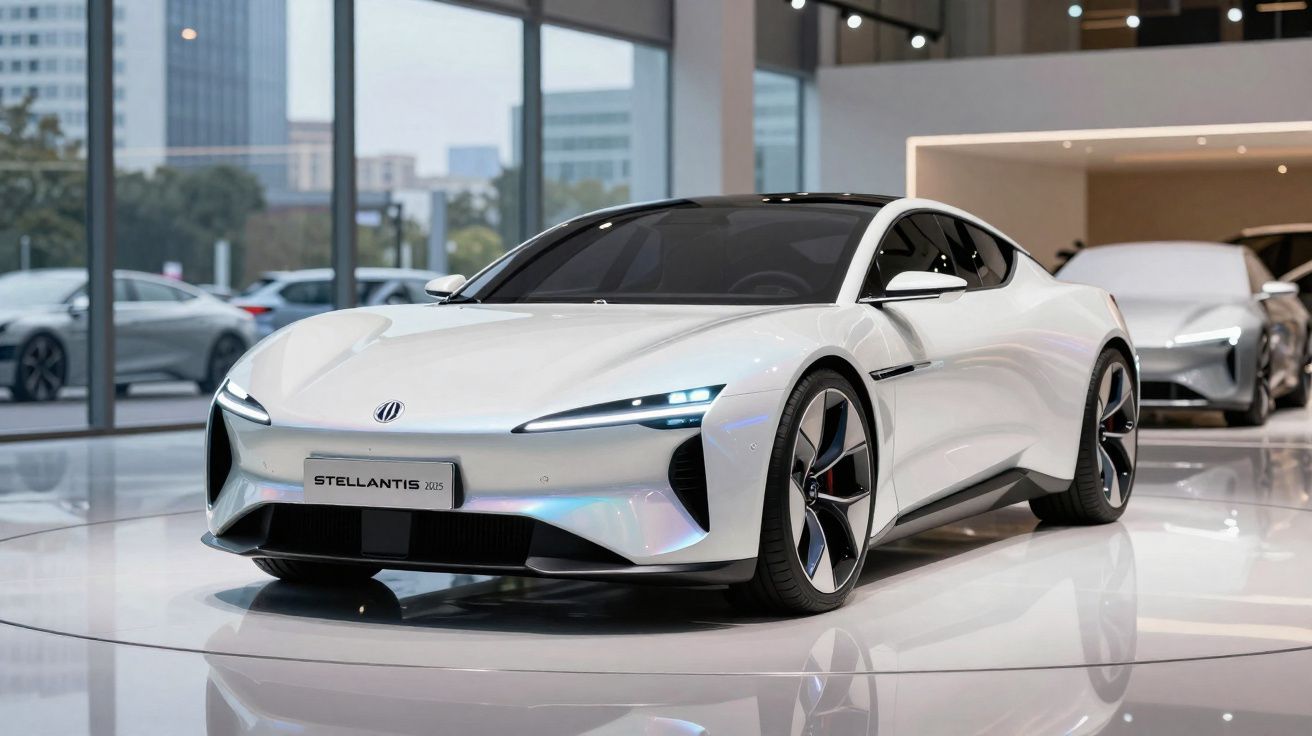 Carro esportivo elétrico branco em exposição dentro de showroom moderno e iluminado.