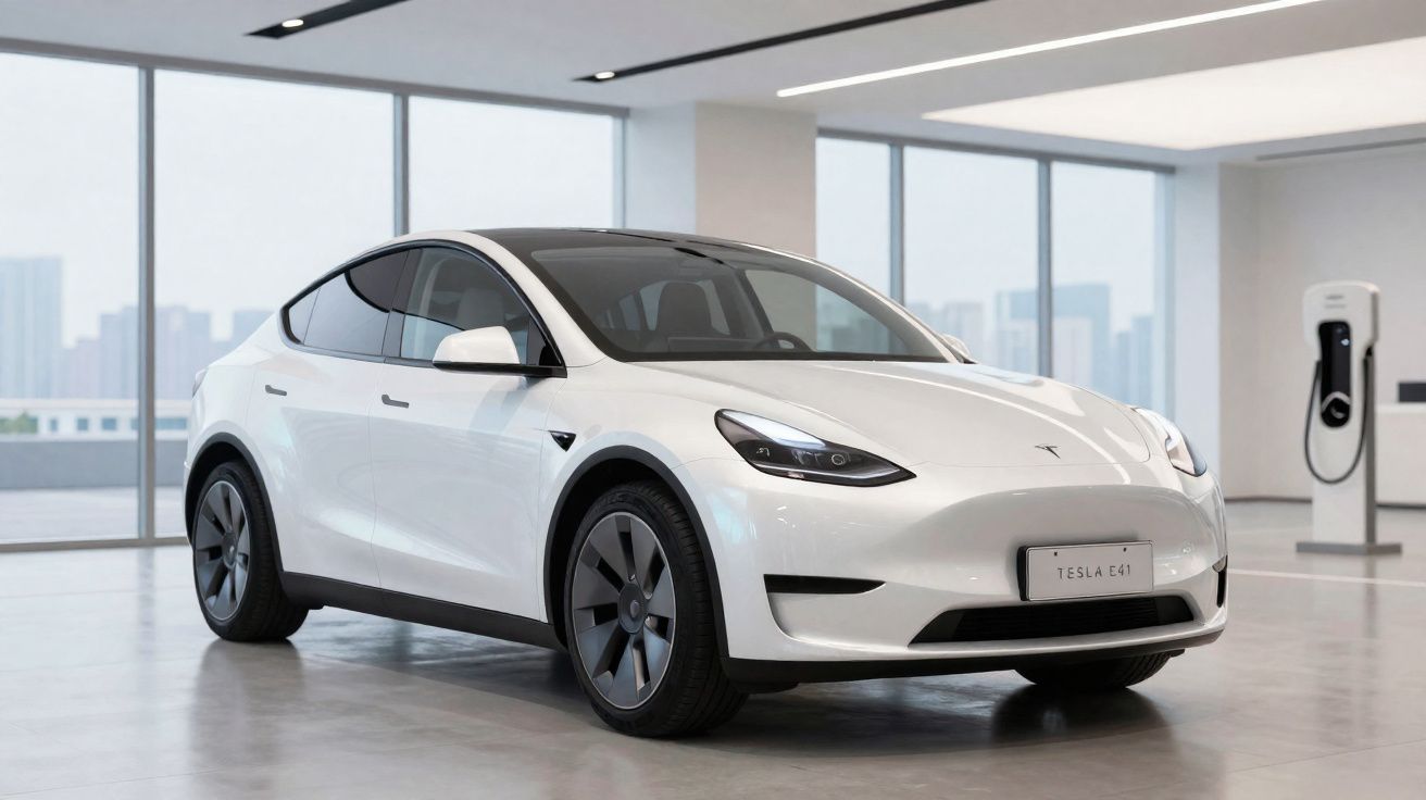 Carro elétrico branco Tesla modelo Y estacionado em showroom moderno com janela panorâmica ao fundo.