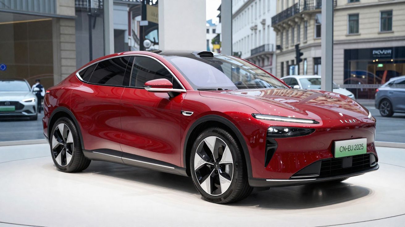 Carro elétrico vermelho exposto em vitrine, com design moderno e rodas grandes, em ambiente urbano.