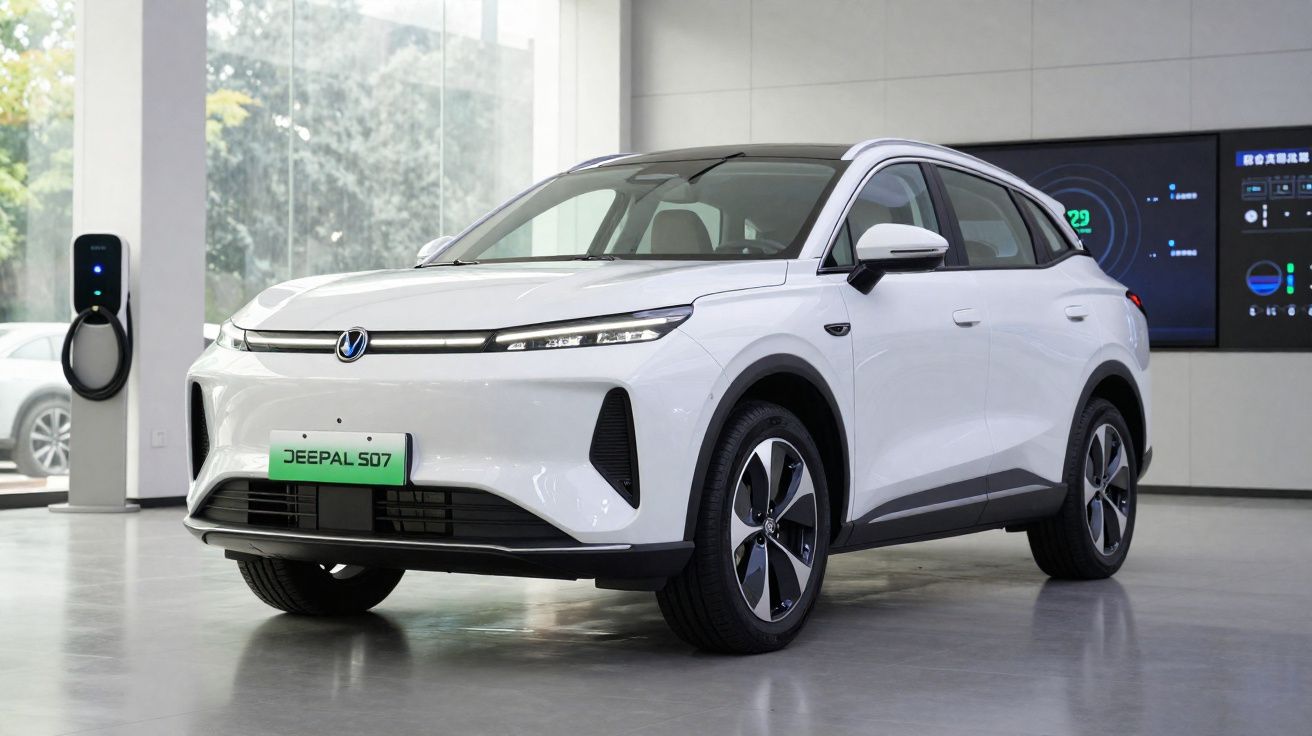 Carro elétrico SUV branco modelo Deepal S07 em showroom moderno com parede de vidro e carregador elétrico ao fundo.