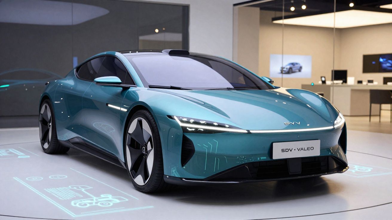 Carro esportivo elétrico azul com design aerodinâmico e luzes LED exposto em salão moderno.