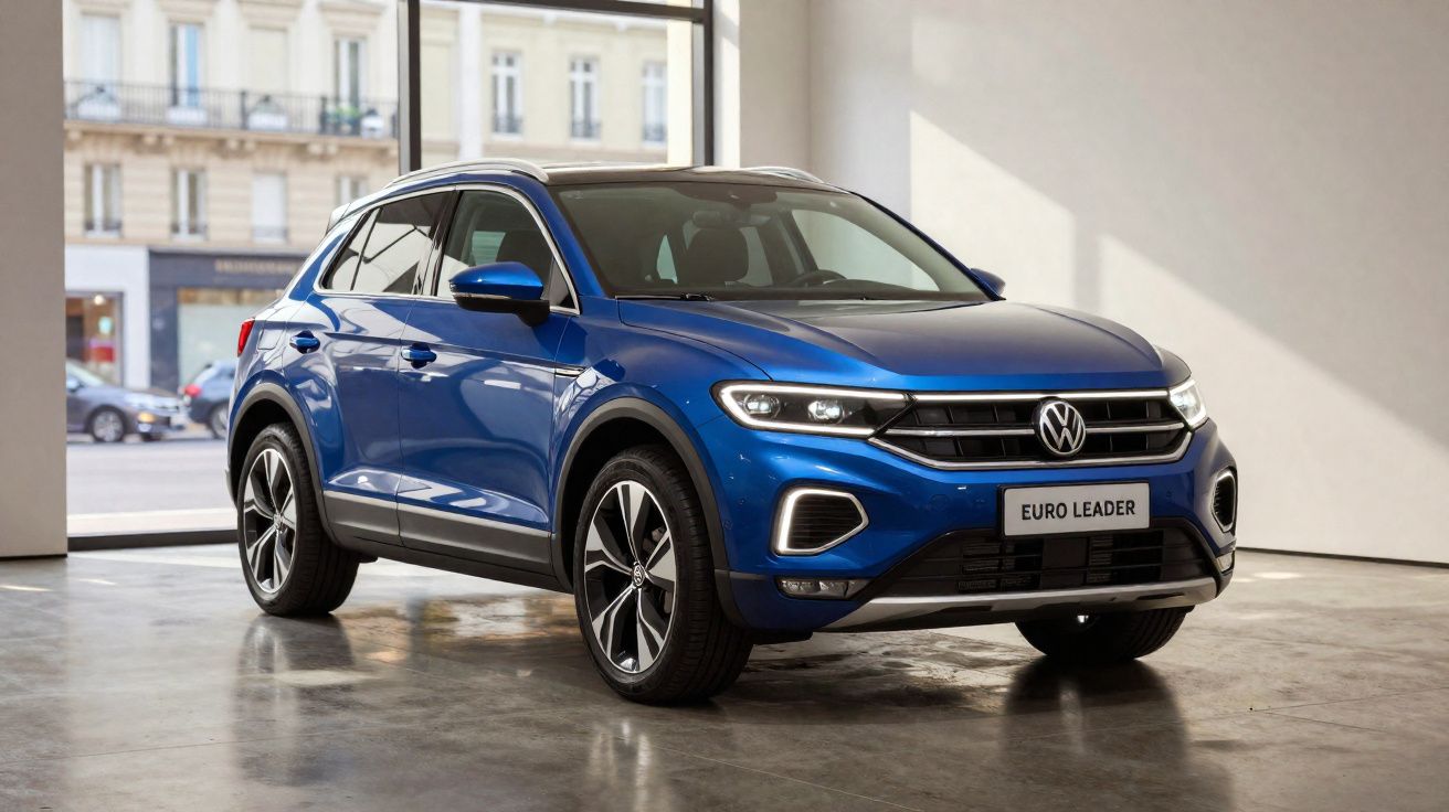 SUV Volkswagen T-Roc azul exibido em ambiente interno, com placas "EURO LEADER".