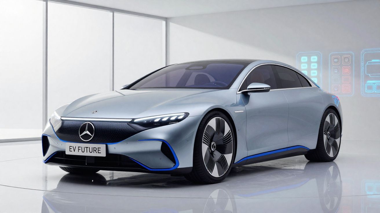 Carro elétrico Mercedes-Benz futurista prata exibido em ambiente branco minimalista.