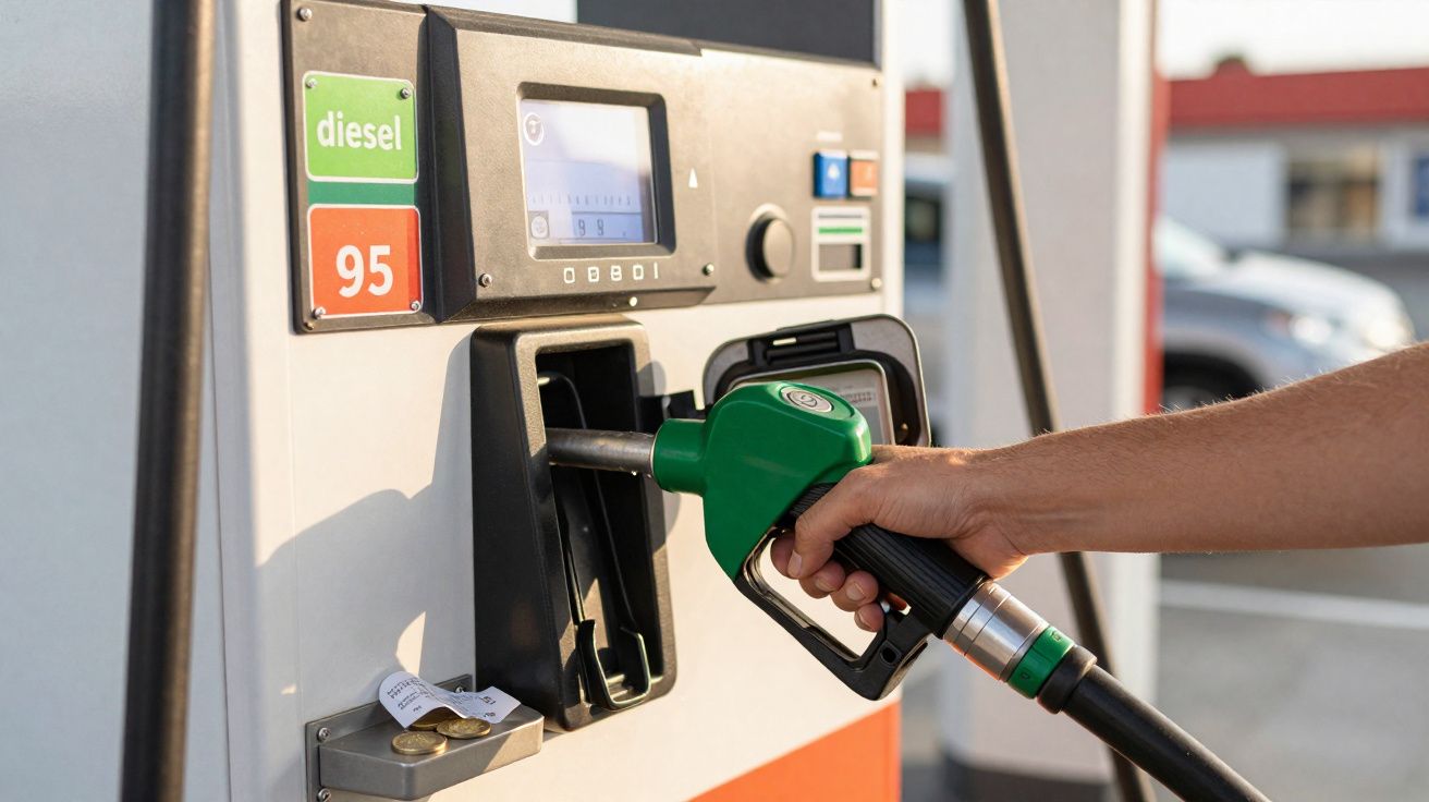 Mão segurando bico de bomba para abastecer carro com diesel em posto de gasolina.