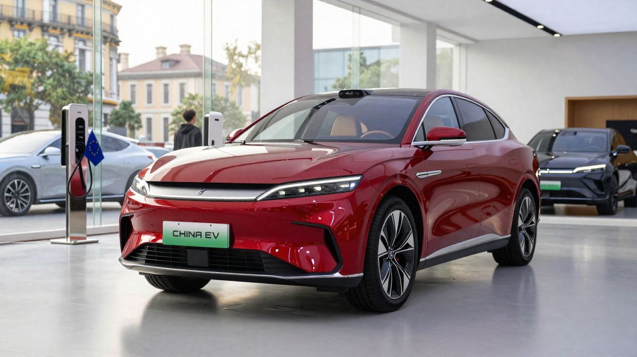 Carro elétrico vermelho China EV exposto em showroom moderno com grandes janelas e outros veículos ao fundo.