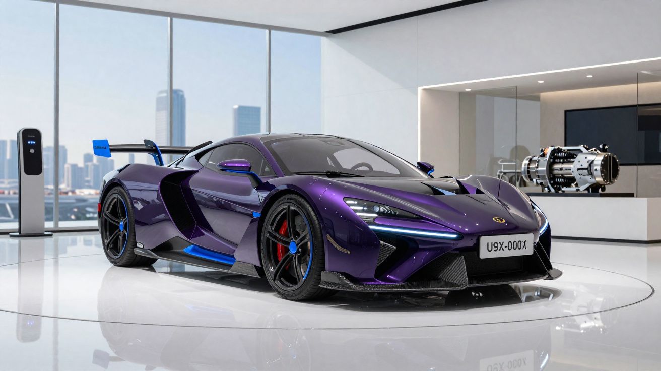 Carro esportivo roxo com detalhe azul em showroom moderno com motor exposto ao fundo e estação de carregamento elétrica.