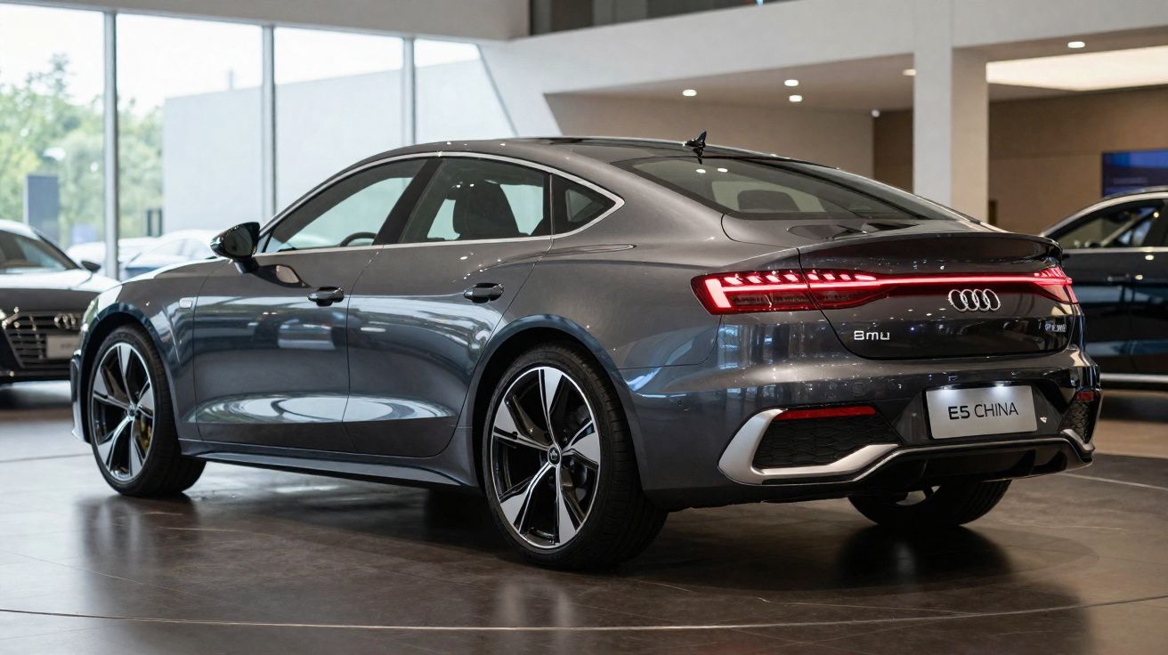 Carro elétrico Audi e-tron GT cinza escuro em exposição em showroom moderno.