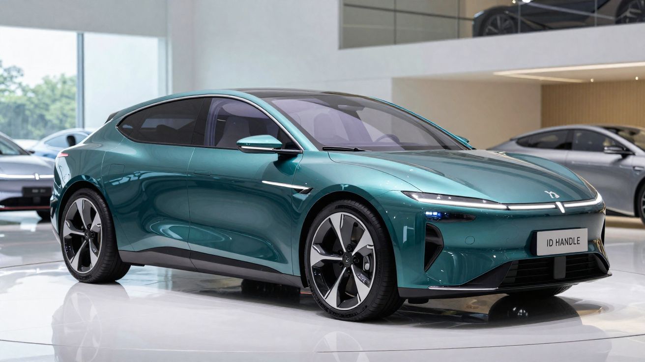 Carro elétrico verde, modelo esportivo, exposto em salão automotivo moderno com piso brilhante.