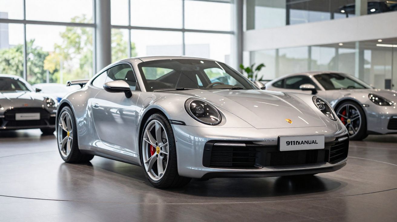 Carro esportivo prata Porsche 911 manual exibido em showroom moderno com outros veículos ao fundo.