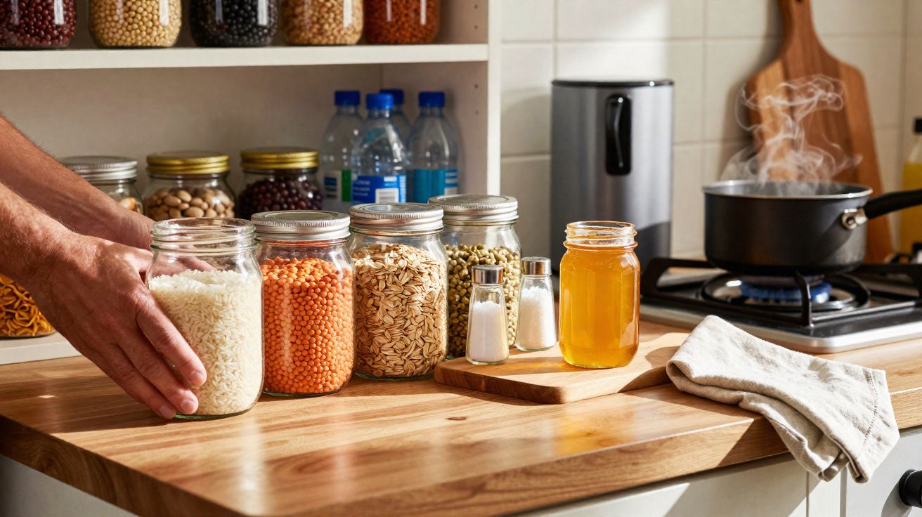 Mãos organizando potes de vidro com grãos, temperos e mel em bancada de cozinha com fogão ao fundo.