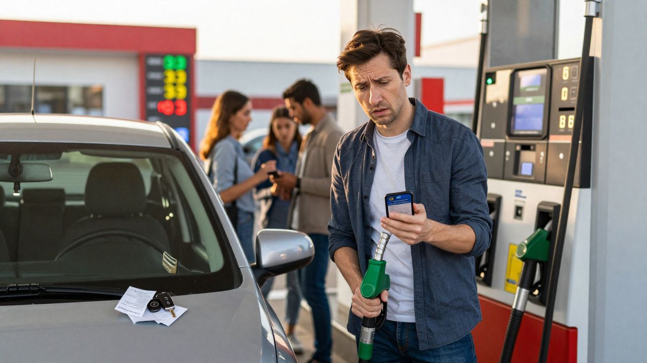 Homem em posto de gasolina segurando bomba de combustível e celular, com três pessoas ao fundo conferindo telefone.