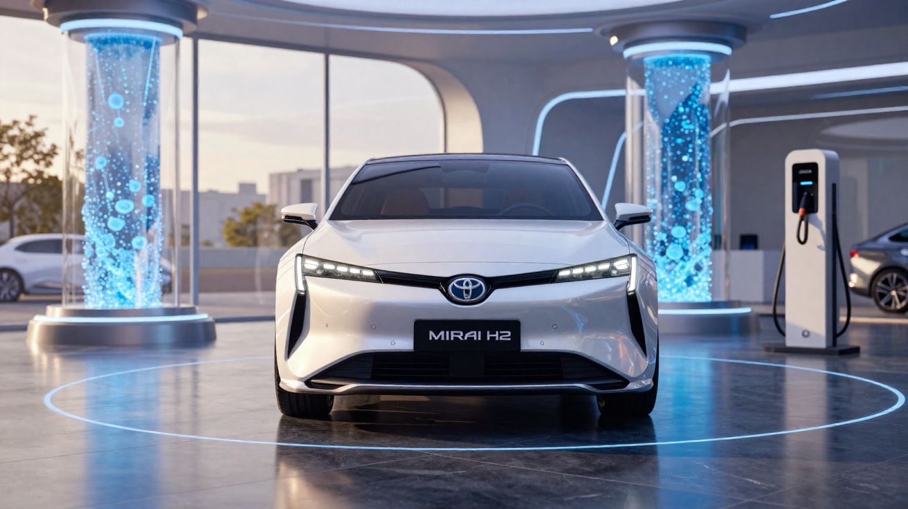 Carro elétrico Toyota Mirai H2 branco estacionado em showroom futurista com estações de carregamento azul iluminadas.