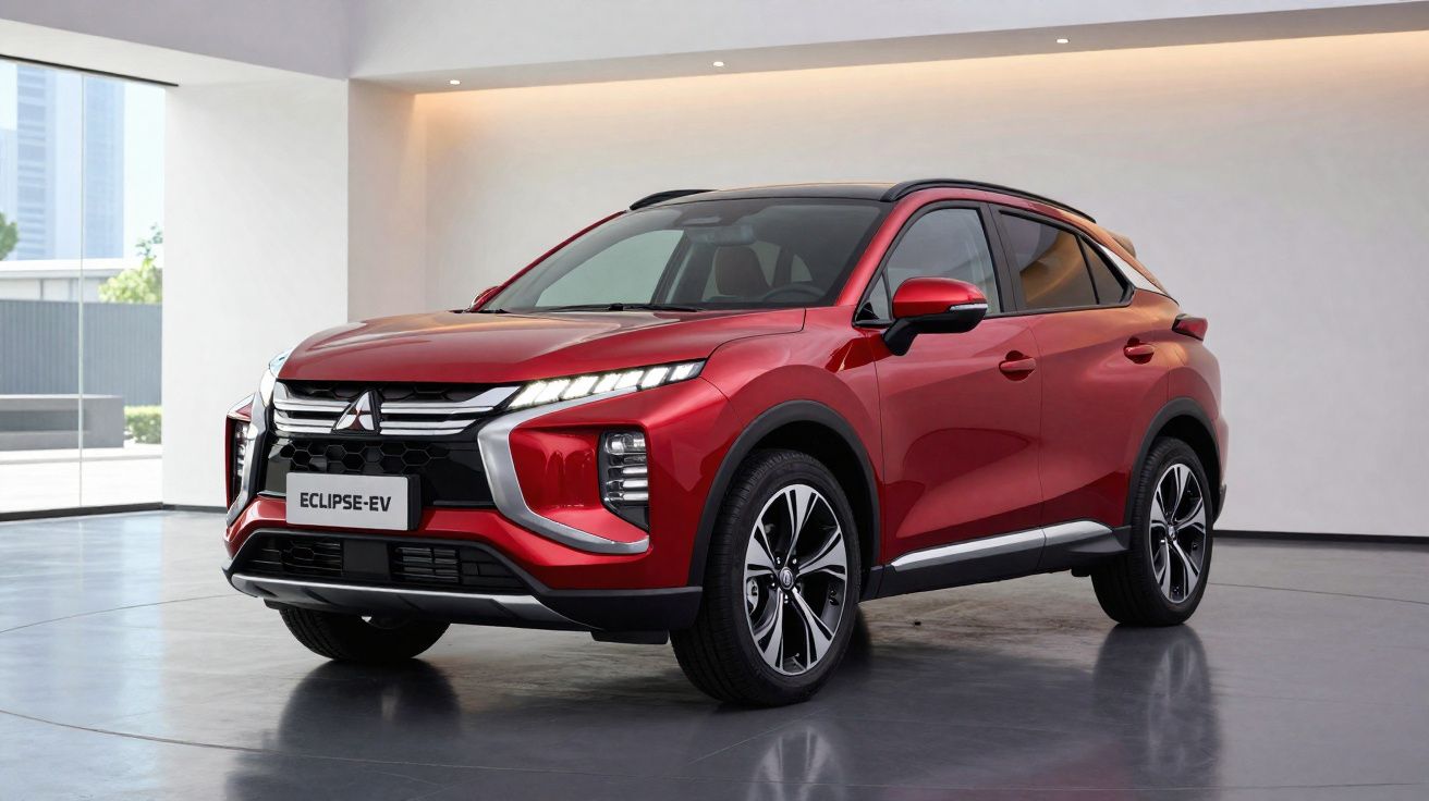 SUV elétrico Mitsubishi Eclipse-EV vermelho em ambiente interno moderno, visto de frente e lado direito.