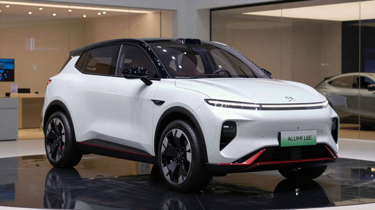 Carro elétrico branco com teto preto exibido em salão de automóveis com piso brilhante preto.