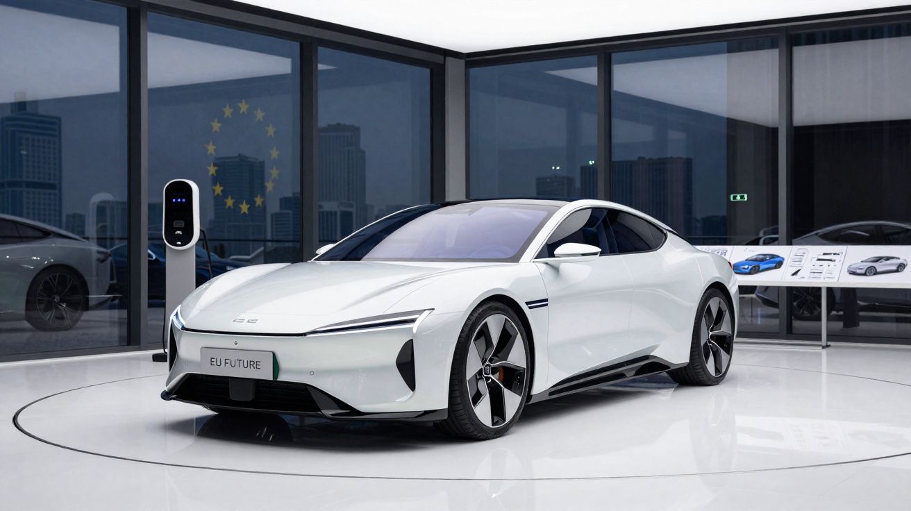 Carro elétrico branco com design futurista exposto em showroom moderno com carregador ao lado.