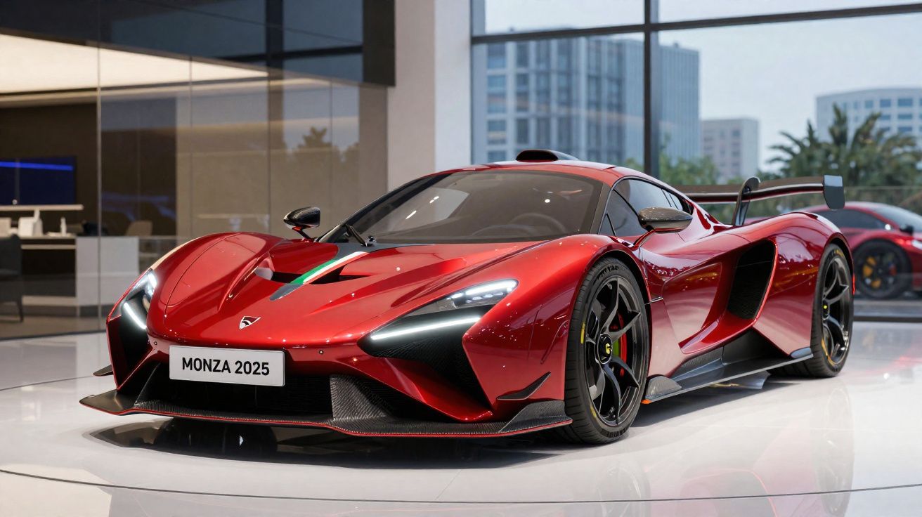 Carro esportivo vermelho Monza 2025 com design aerodinâmico e spoiler, exibido em showroom moderno.